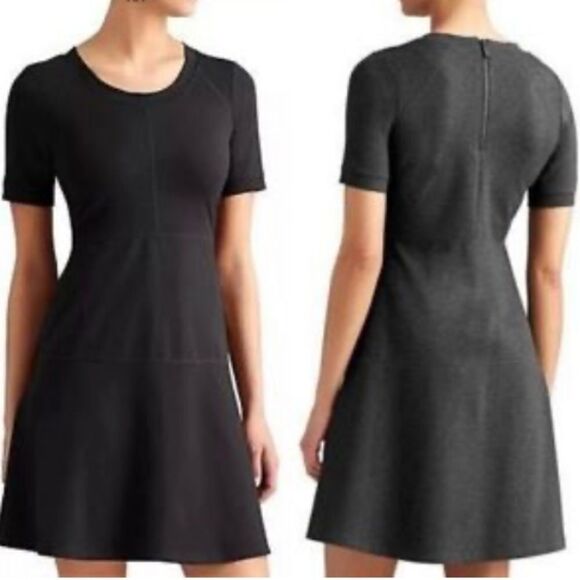 Athleta XS En Route Fit n Flare Black Knit Dress Exposed Zipper Short Sleeve - Picture 1 of 5